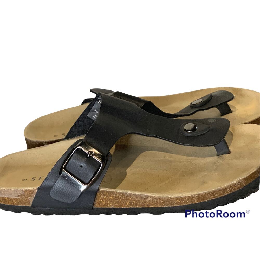 Serra Women's Thong Adjustable Buckle Strap Slip-On Flat Sandals Black Size 8 M